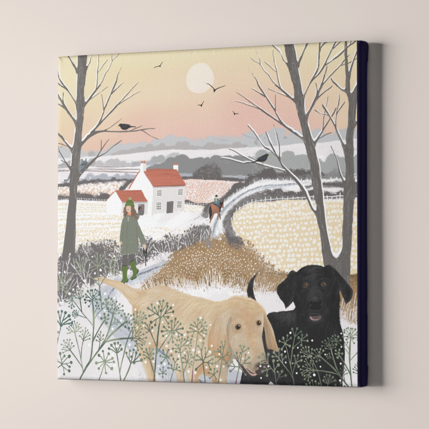 Labrador Dog Canvas Wall art - Best Buddies, dog walks on a winters day. Original Scottish snowscape by Caroline Smith