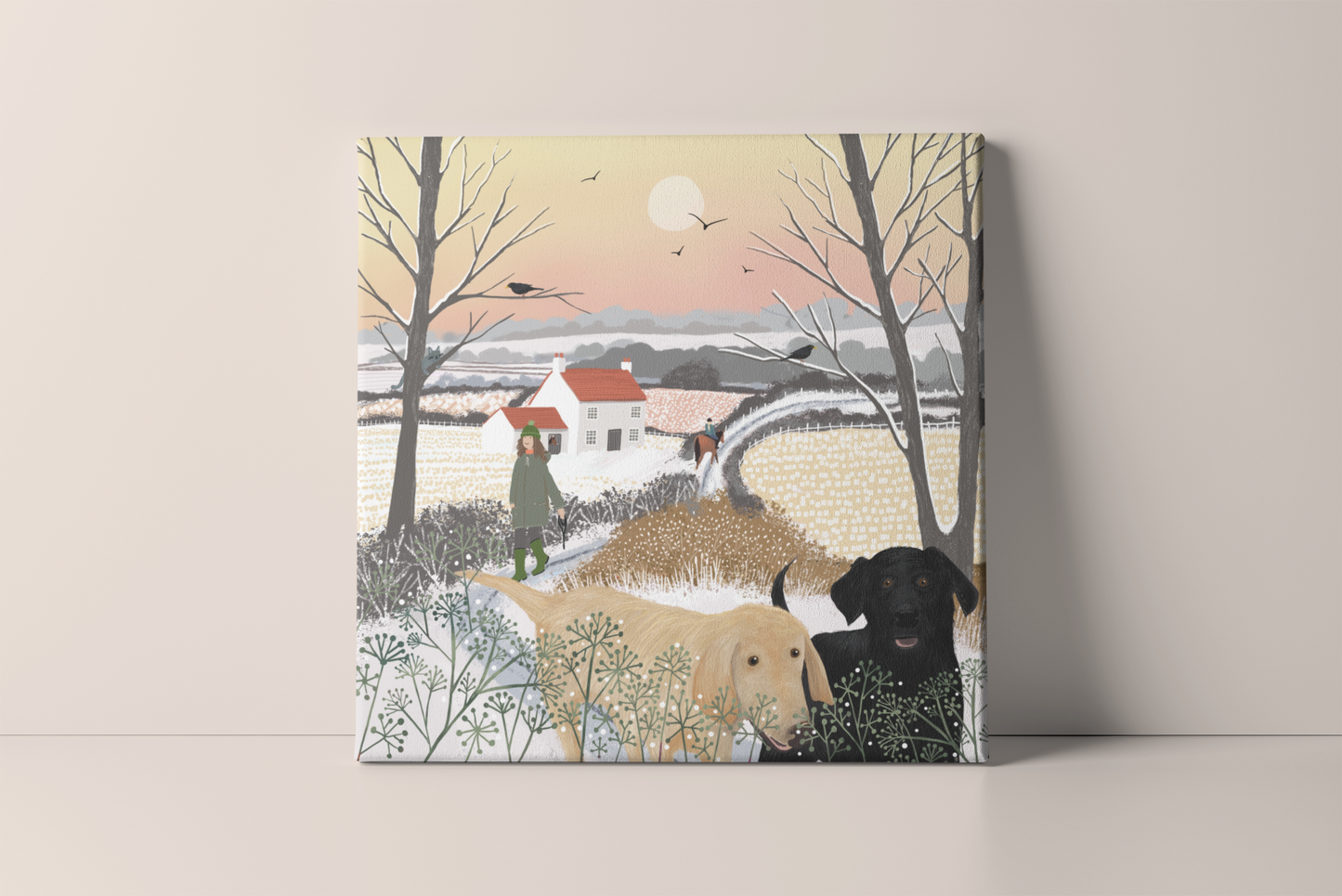 Labrador Dog Canvas Wall art - Best Buddies, dog walks on a winters day. Original Scottish snowscape by Caroline Smith