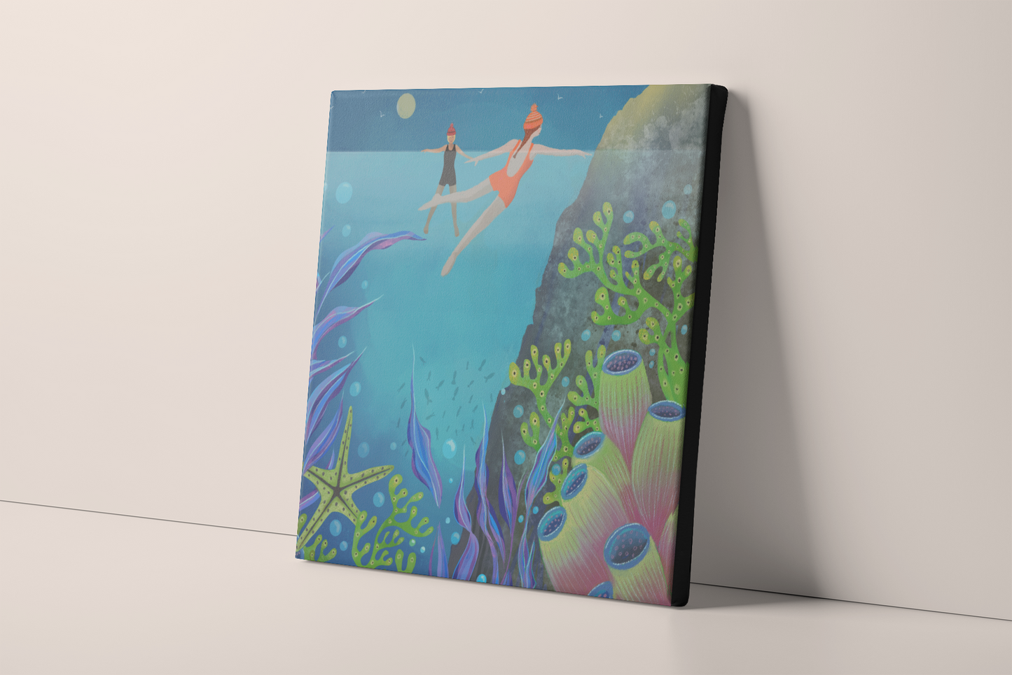 Wild Swimming Wall Art - Bobbing About. Swimmers in the sea. Underwater art. Signed Giclee Print.