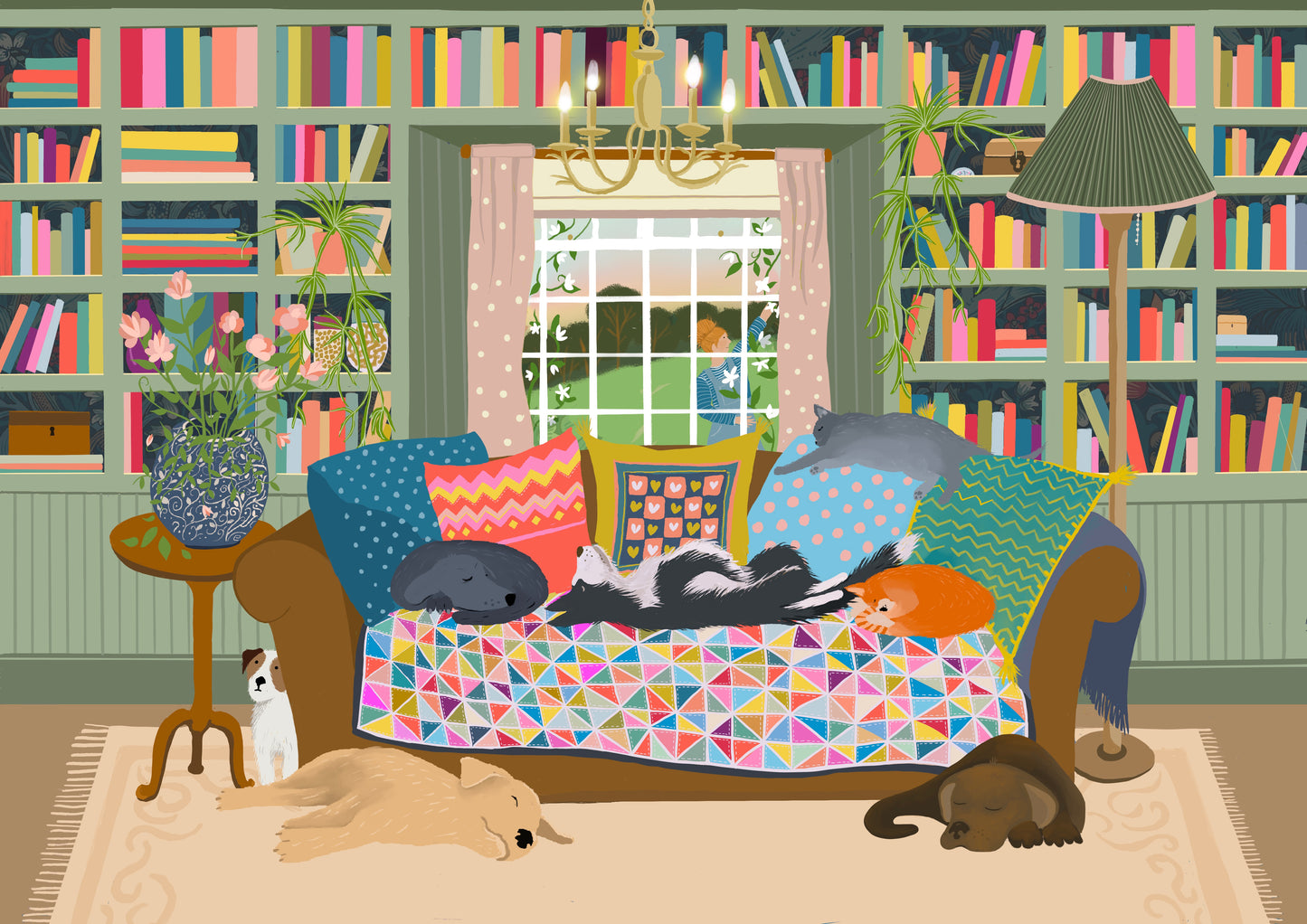 Greetings card. Cats and Dogs on a sofa