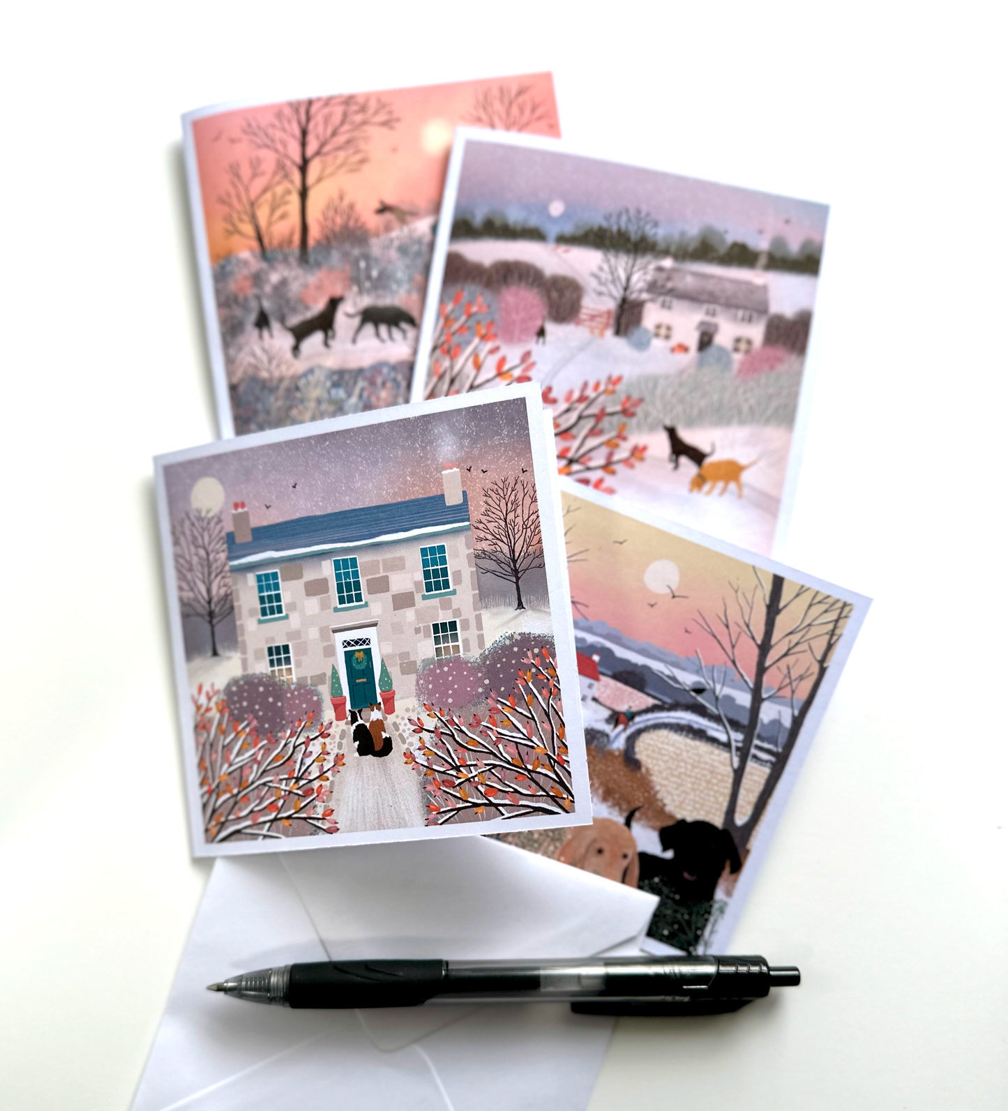 Pack of 8 small Winter Notelets from original art featuring dogs. Winter Designs. Christmas Cards.