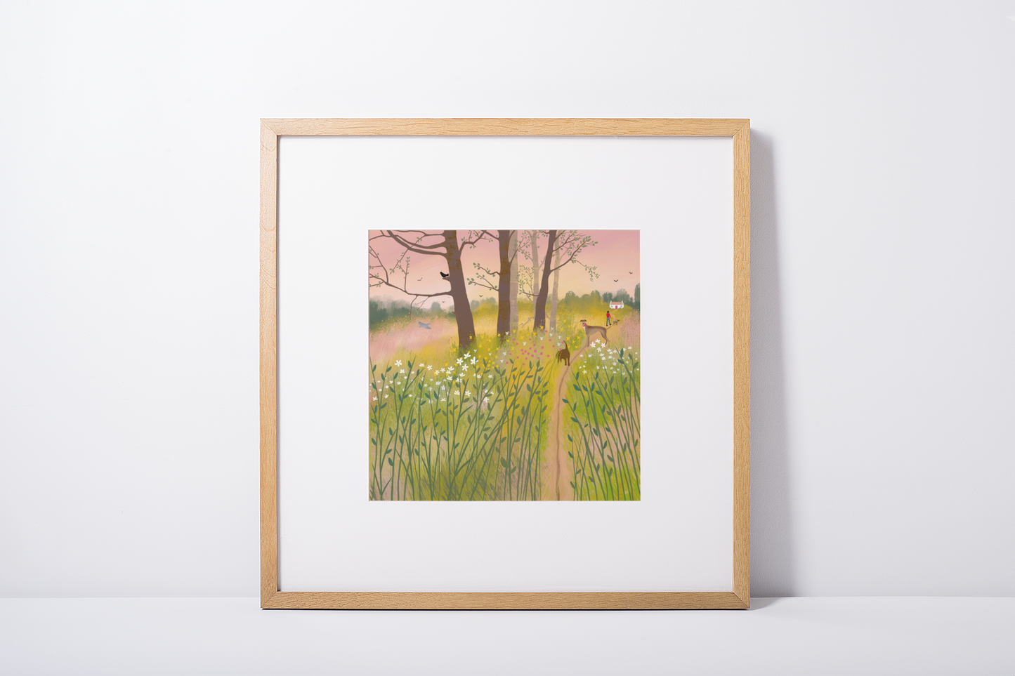 Morning Glow art print featuring an early morning dog walk in the countryside. Giclee Art print signed by artist. Home Gift. Gift for Friend