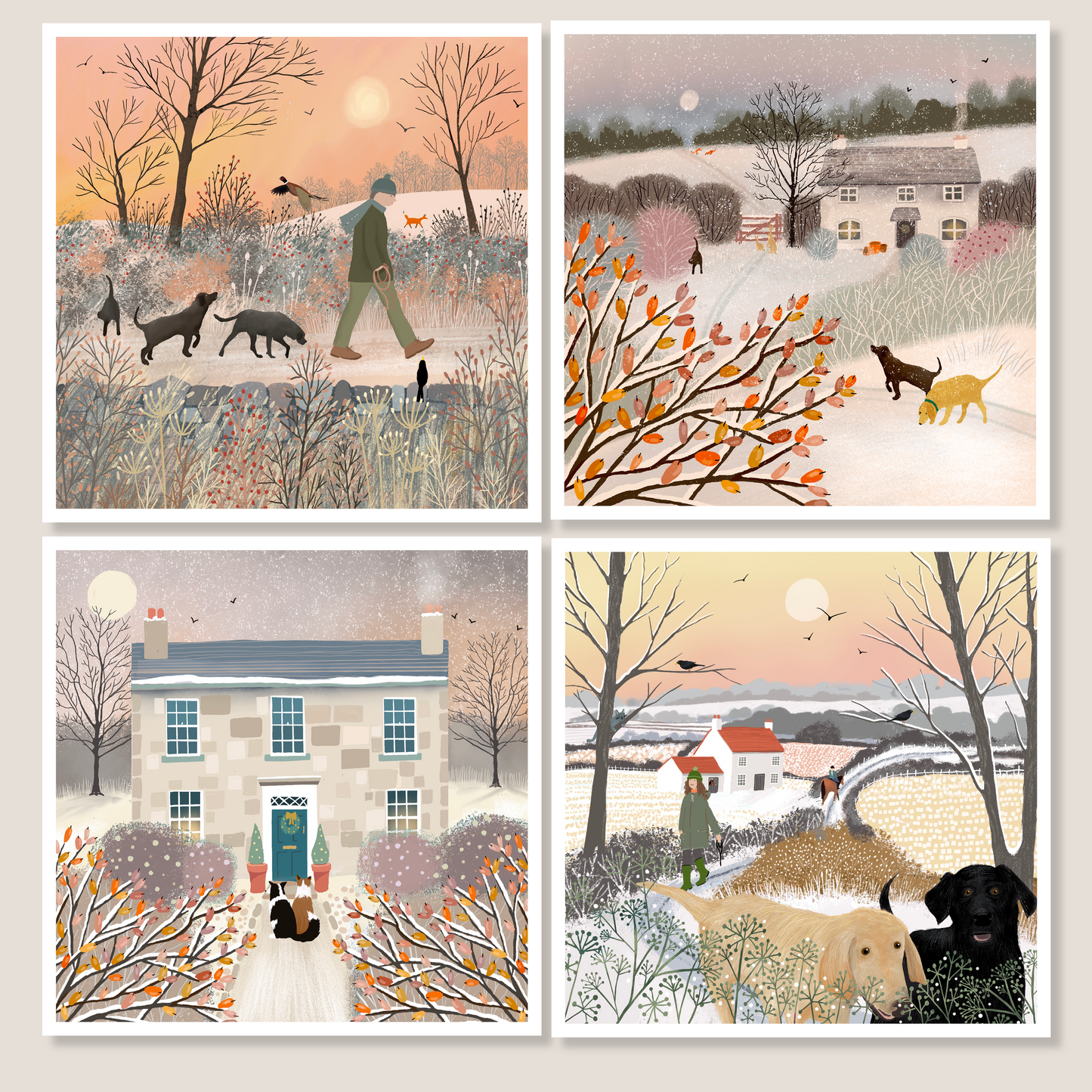 Pack of 8 small Winter Notelets from original art featuring dogs. Winter Designs. Christmas Cards.