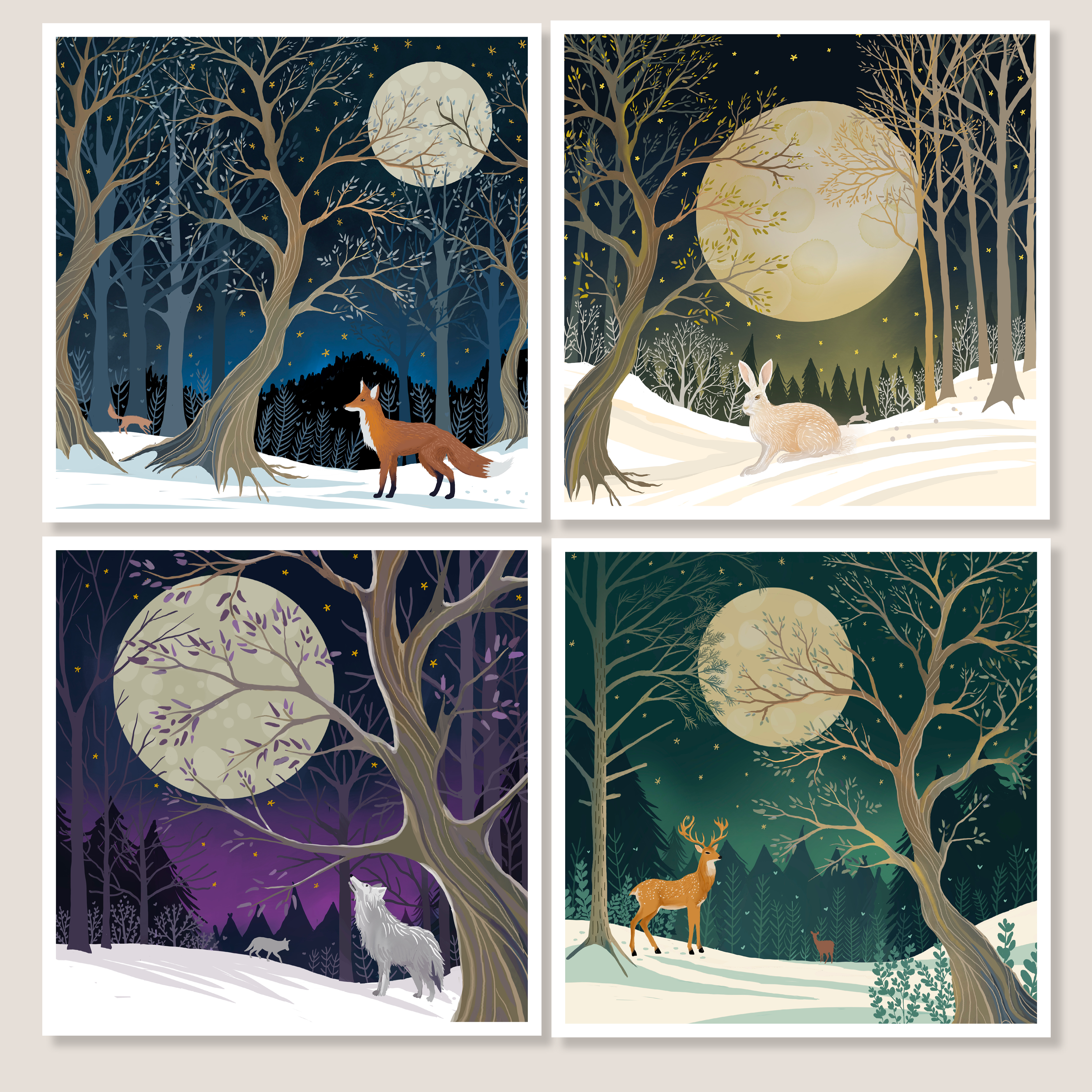 Nature Notelets Pack of 8 small Winter Woodland Notelets from original art. Winter Des ...