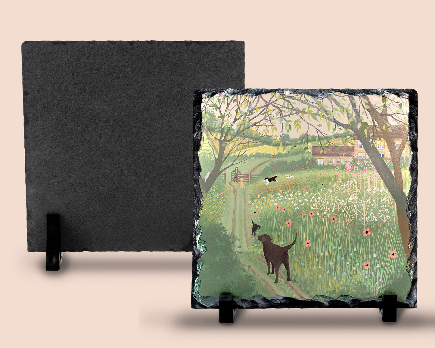 Slate art of a spring dog walk. Natural Slate printed with original artwork 'Spring Greens'.