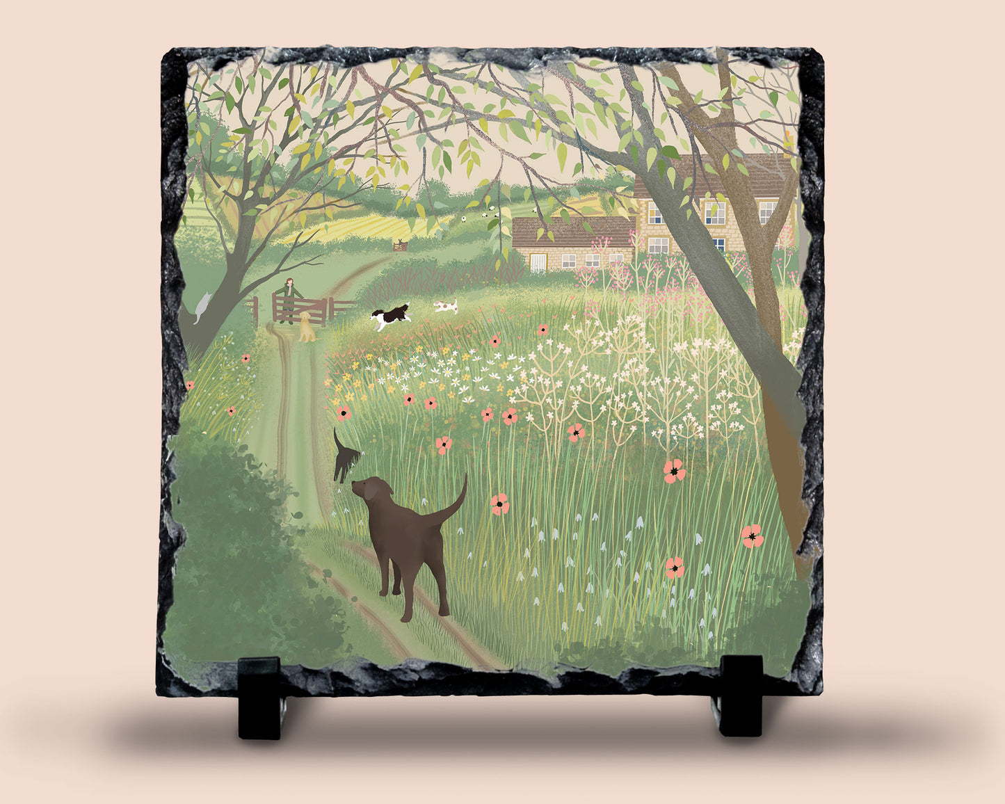 Slate art of a spring dog walk. Natural Slate printed with original artwork 'Spring Greens'.