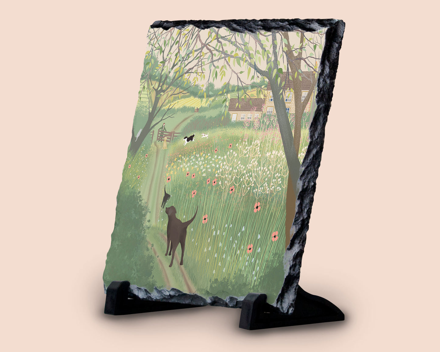 Slate art of a spring dog walk. Natural Slate printed with original artwork 'Spring Greens'.