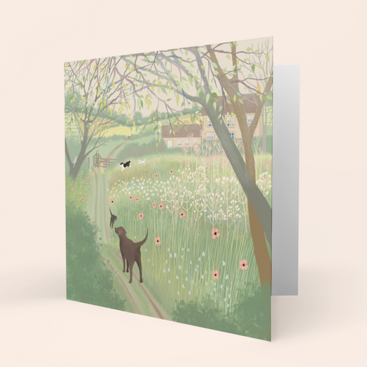 Greetings card. Spring Greens - spring landscape with dogs