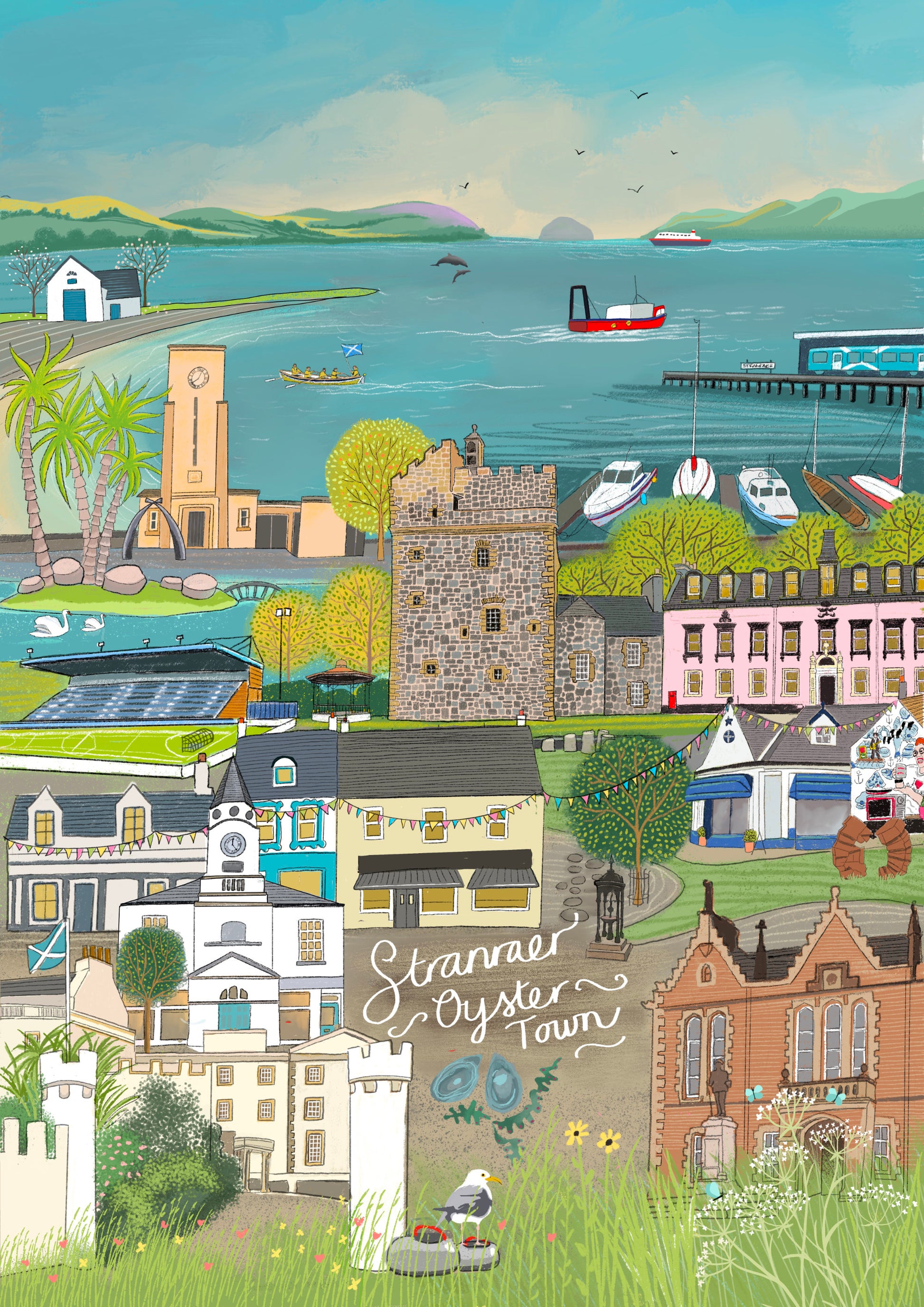 A colorful illustrated coastal town scene with buildings, boats, water, and distant hills. The words 'Stranraer Oyster Town' appear in script over the lower center.