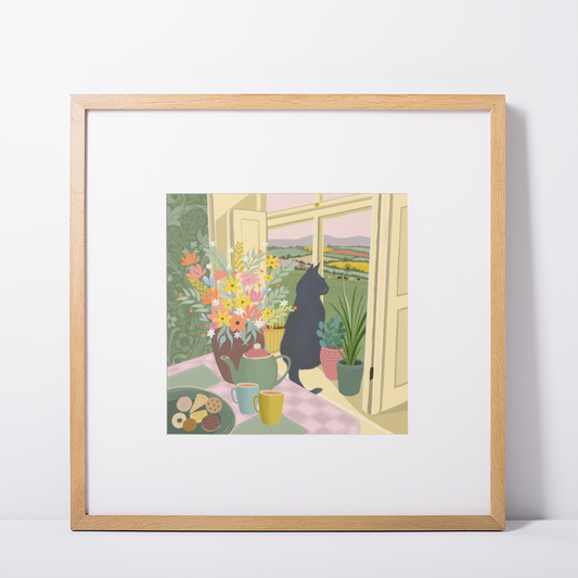 Cat in a Window Art Print. Original art - Time for a Cuppa.