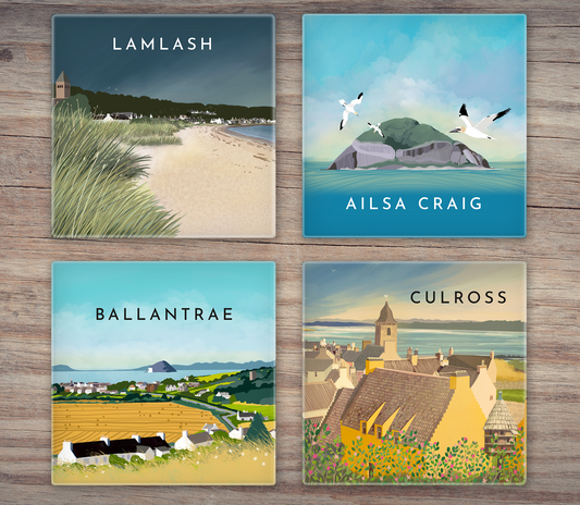 Glass Coasters -Any 4 Scottish Travel Poster Designs.