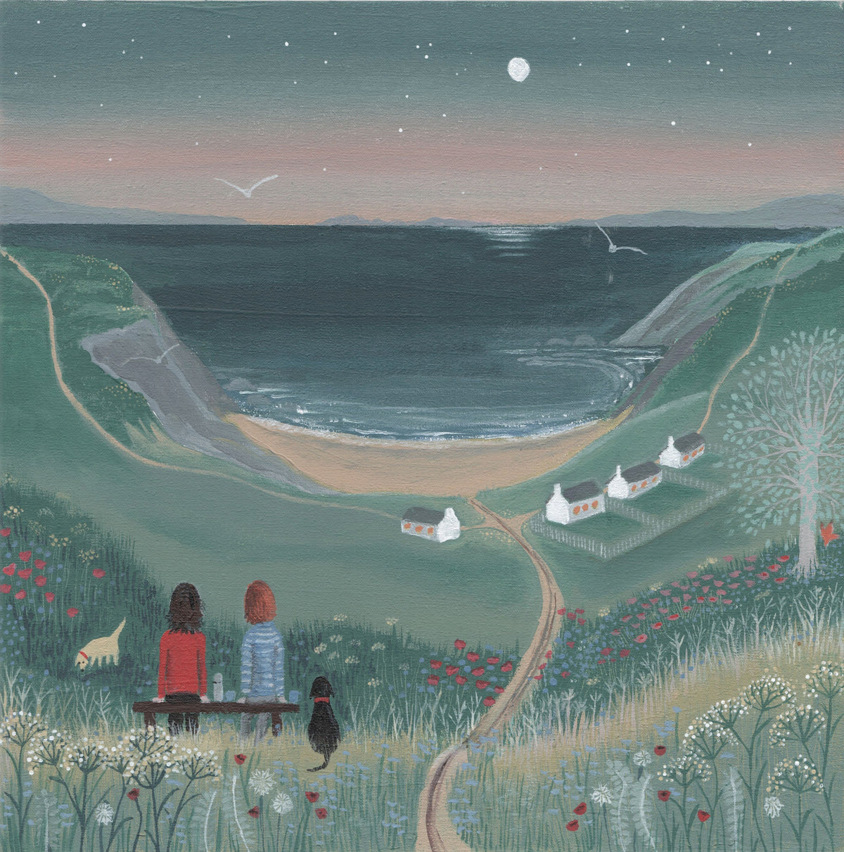 Coastal Dog Walk Art Print, Evening Seascape, Gift for Dog Lover