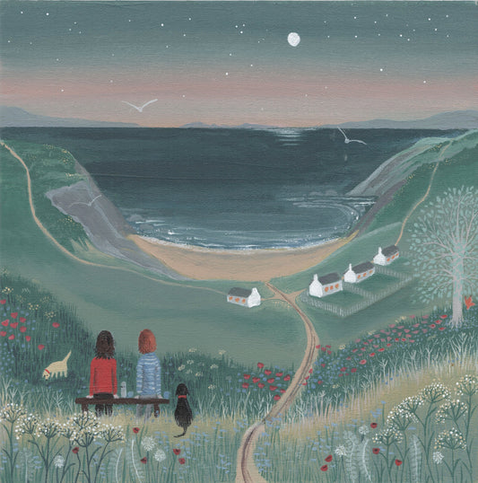 Coastal Dog Walk Art Print, Evening Seascape, Gift for Dog Lover