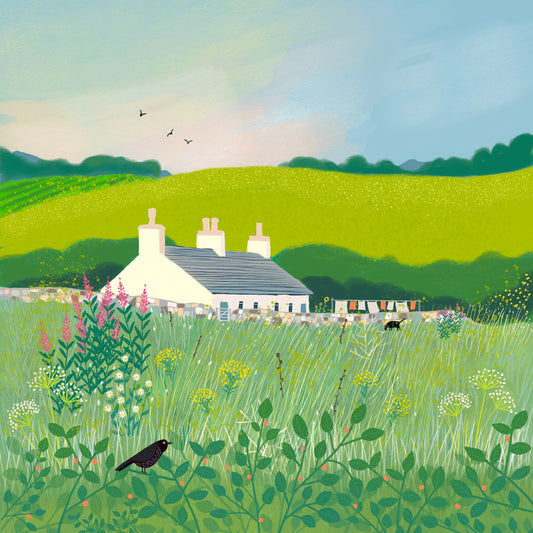 Wigtownshire summer print. Wall art featuring a cottage, wildflowers and a labrador. Giclee Art print signed by artist