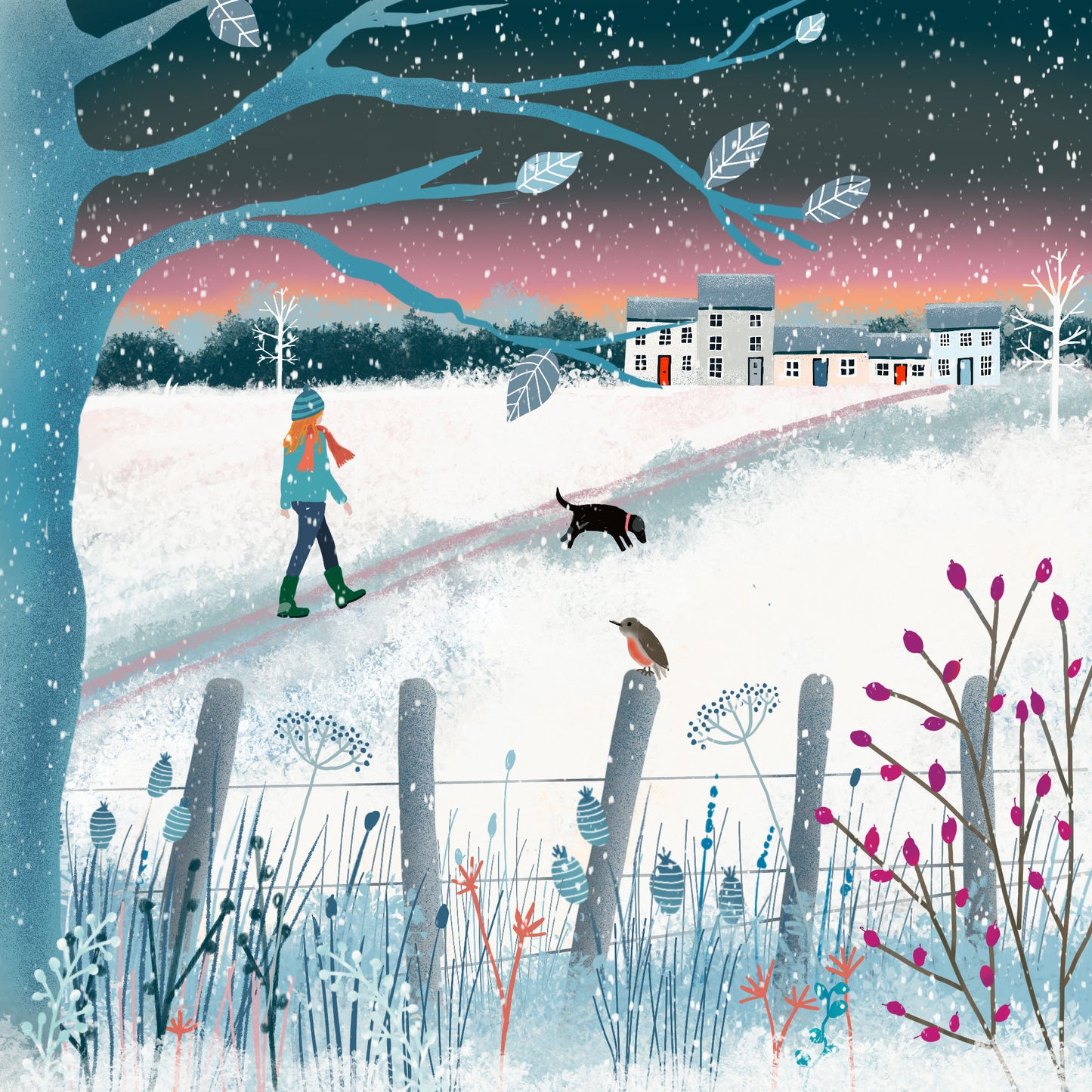 Snowy Walk, Galloway Winter Christmas Card. Made in Scotland. Featuring winter walks with dogs.