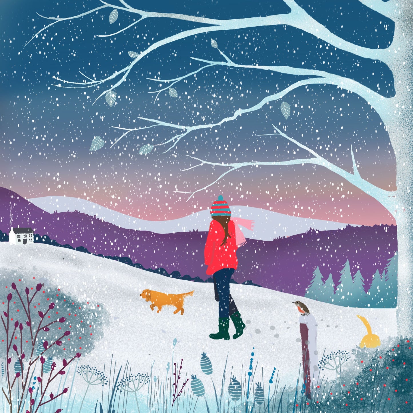 Snowy Hills, Galloway Winter Christmas Card. Made in Scotland. Featuring winter walks with dogs.