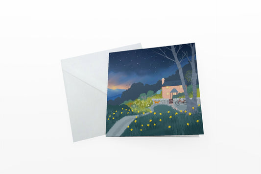 Welcome Home greetings card from original art by Caroline Smith. Blank greetings cards. Featuring country cottage in evening light.