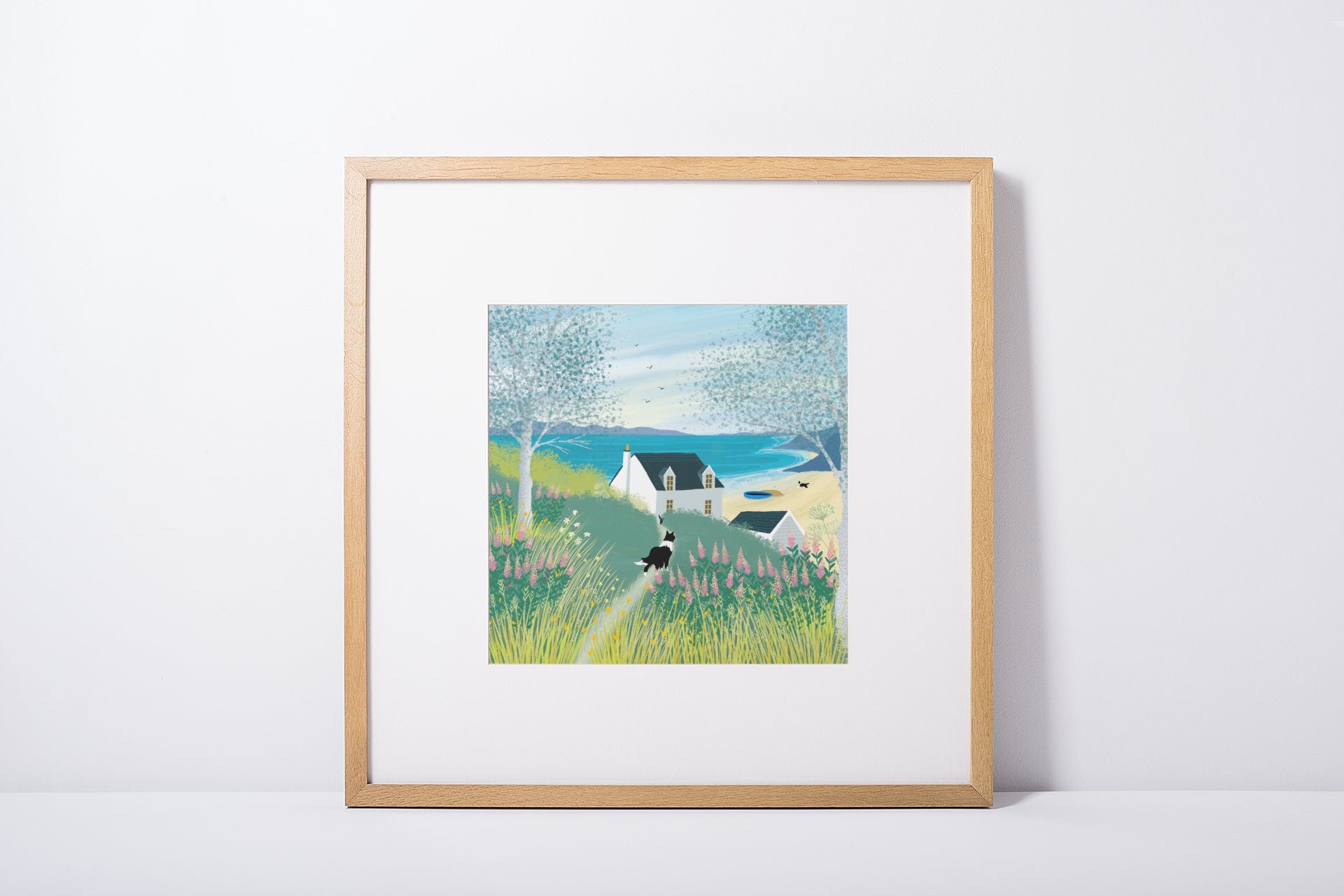 Come on Down! - Signed Giclee Print of a Cottage by the Sea. Art print, Home Decor, Office Art. Beach Cottage Garden with Border collies.