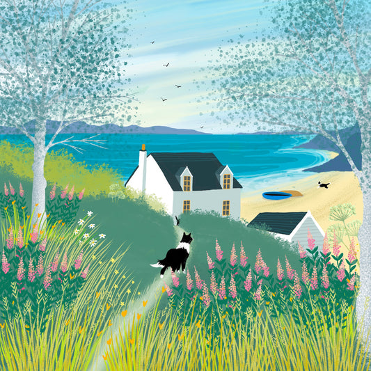 Border Collie Art Print: Cottage by the Sea, Signed Giclee