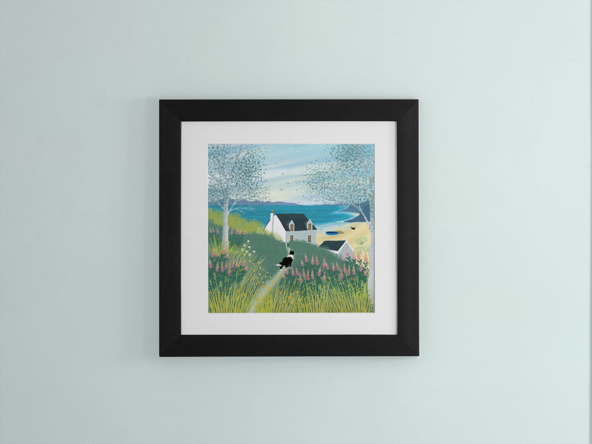 Come on Down! - Signed Giclee Print of a Cottage by the Sea. Art print, Home Decor, Office Art. Beach Cottage Garden with Border collies.