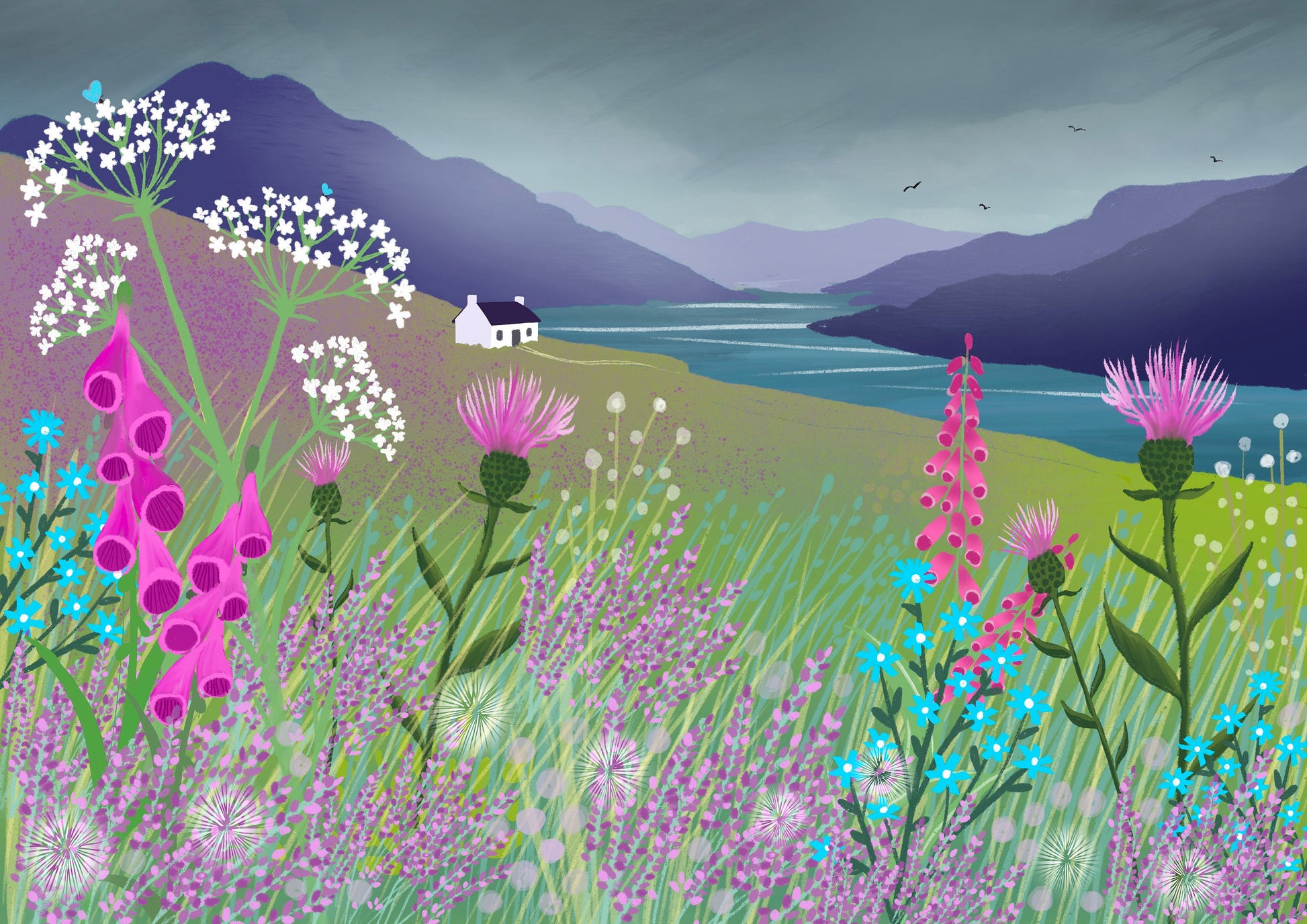 Highland Fling - Signed Giclee Print. Art print, Home Decor, Office Art. Wildflowers with view of a Highland Loch, Scotland