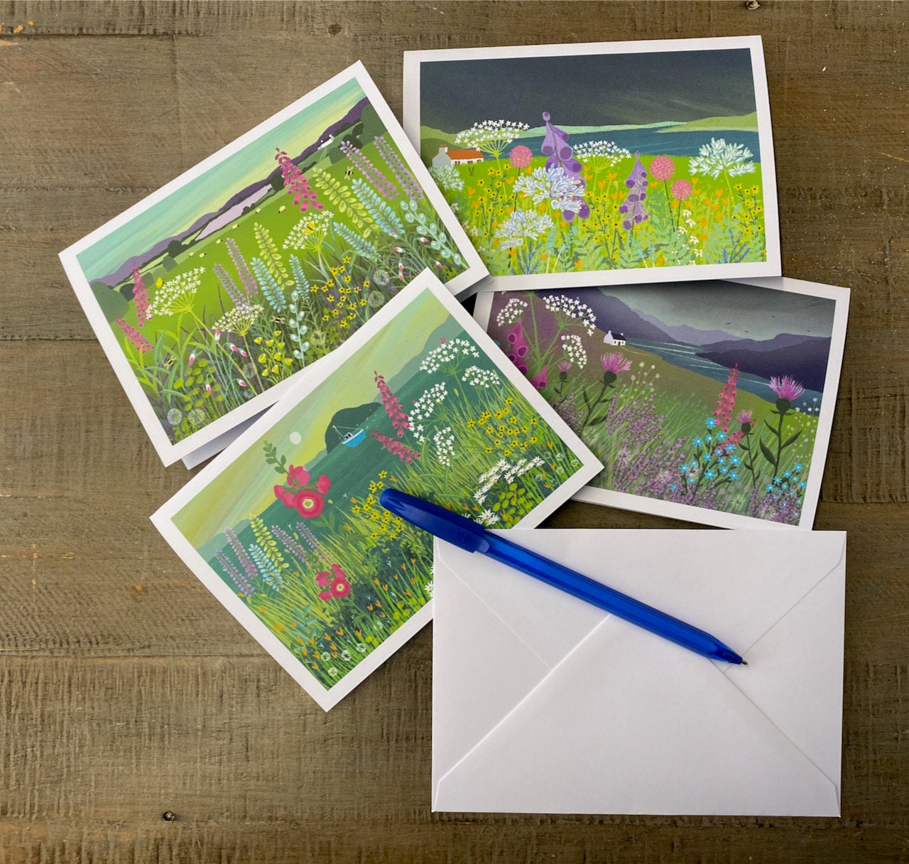 Glorious Scotland greetings Cards from original art. Pack of 4 Cards featuring original paintings by Caroline Smith. Pack No1.