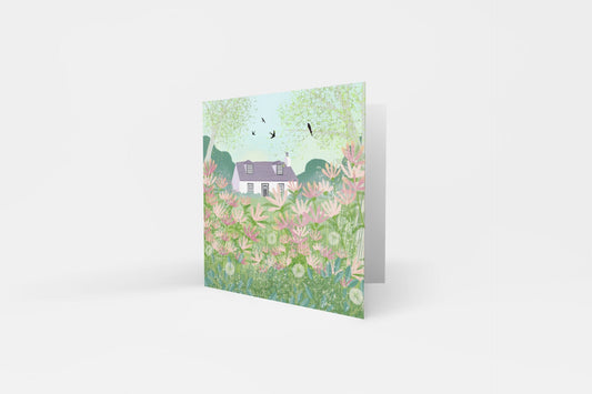 Honeysuckle Cottage greetings card from original art by Caroline Smith. Blank greetings cards. Country cottage garden.