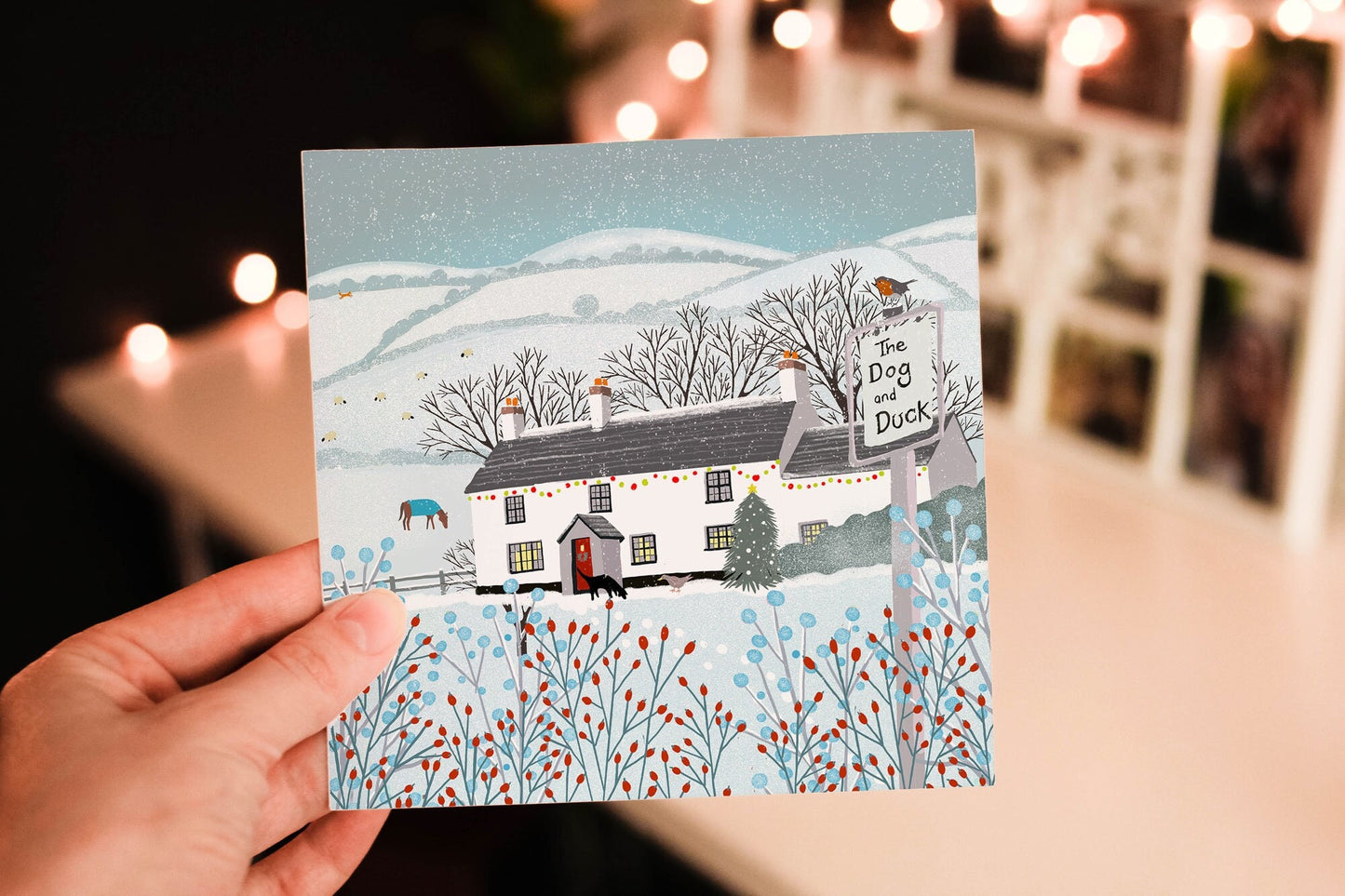 Christmas card, Dog & Duck Pub, A Country Christmas. Cards from original art featuring cosy country scenes, designed and printed in Scotland