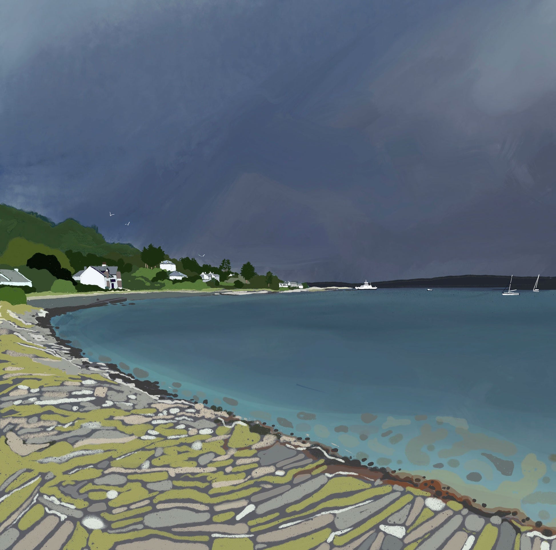 Lochranza, Isle of Arran, Canvas from original Scottish Landscape art by Caroline Smith. Canvas feauring a view of Lochranza bay