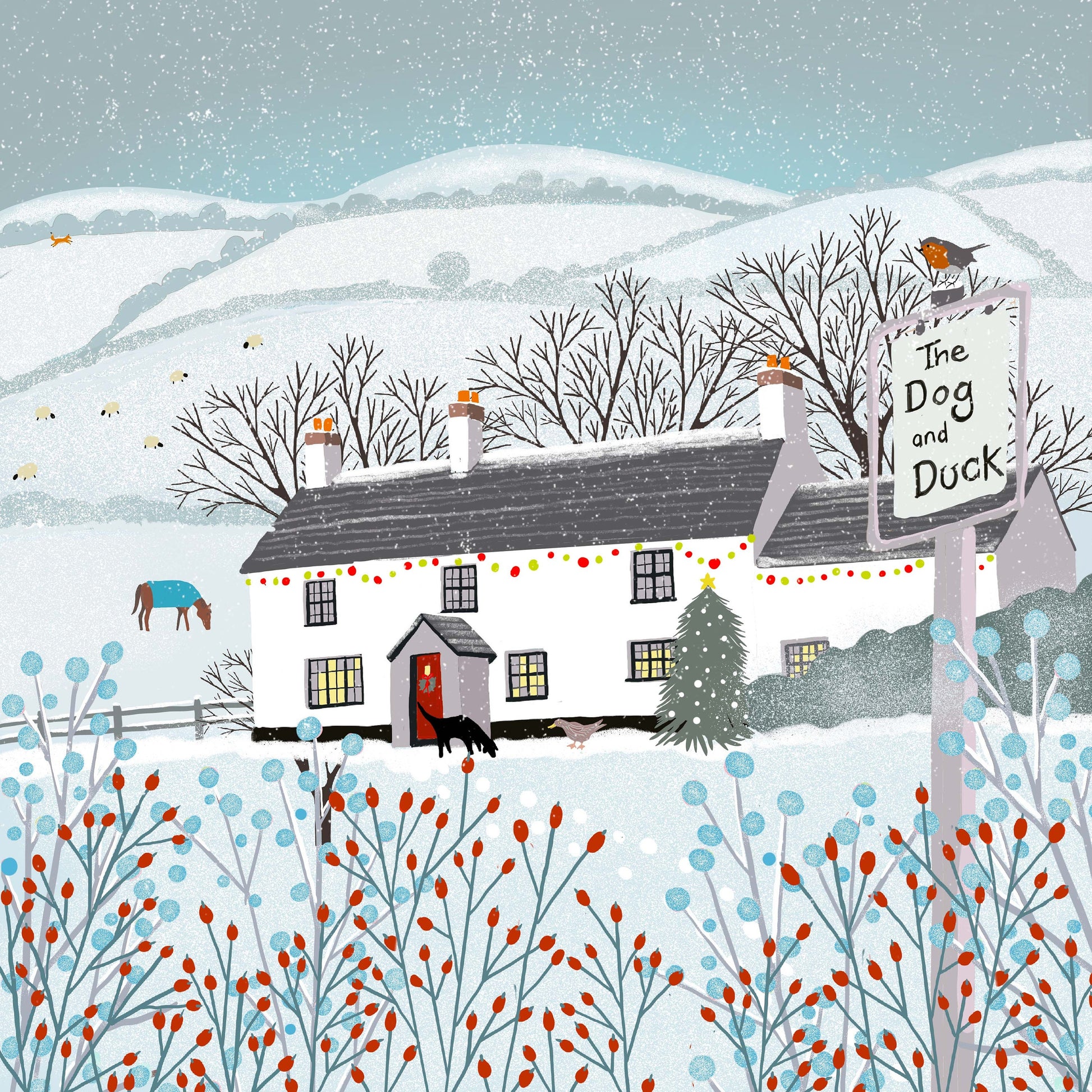 Christmas card, Dog & Duck Pub, A Country Christmas. Cards from original art featuring cosy country scenes, designed and printed in Scotland