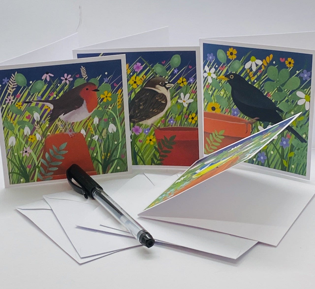 Pack of 8 Garden Bird Notelets from original art. Notelet Cards with envelopes featuring original paintings by Caroline Smith.