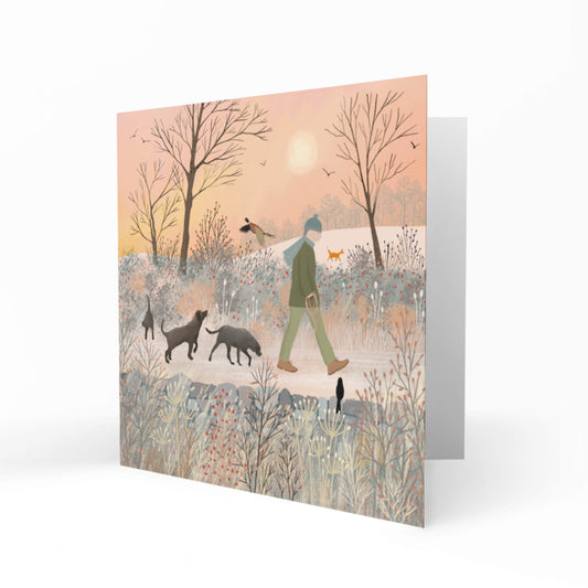 Winter Walk, greetings card. Winter walk with the dogs. Christmas Card.