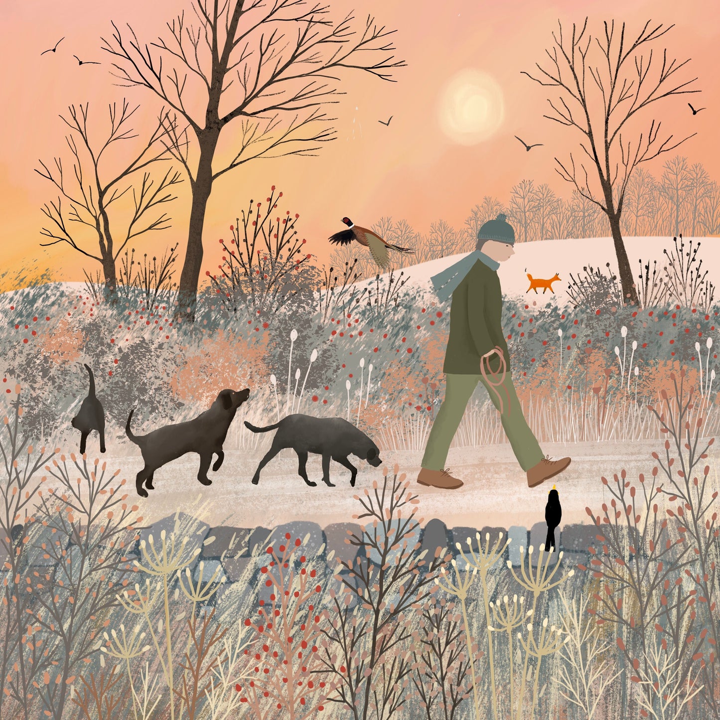 Winter Walk, greetings card. Winter walk with the dogs. Christmas Card.