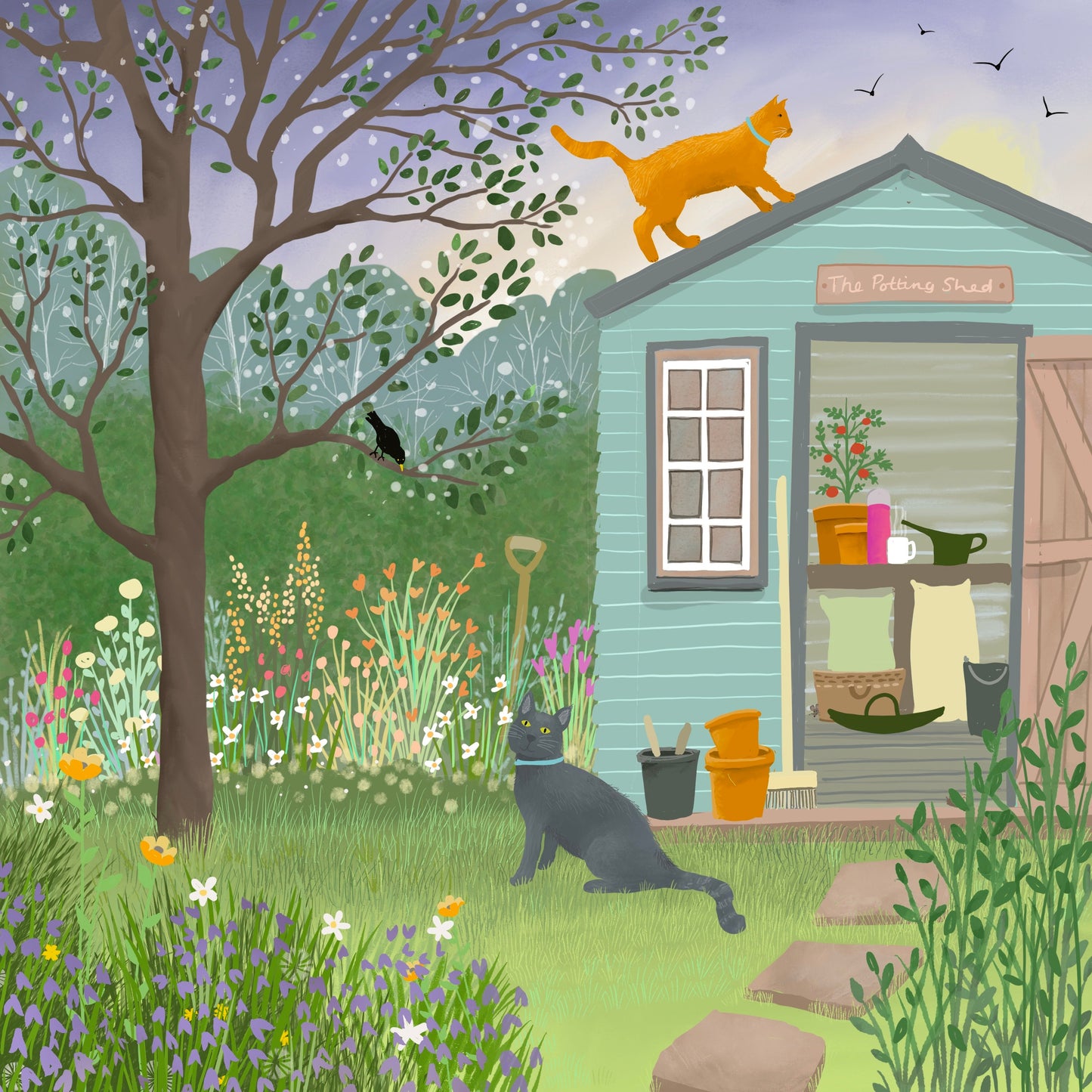 Cat Art Print - Signed Giclee Print, Morning Patrol, cats in a country garden. Art print, Home Decor, Wall Art. Cat Lovers gift.