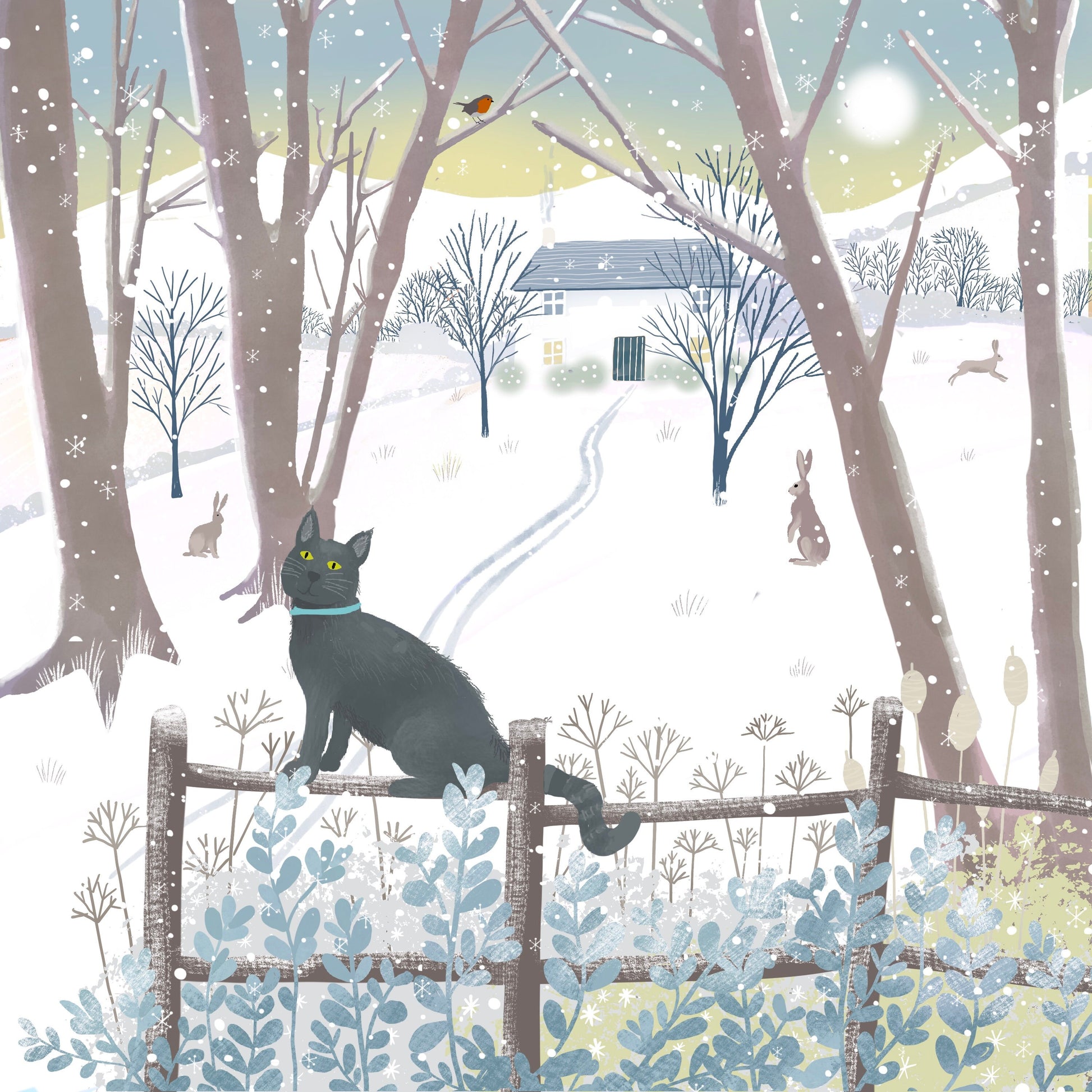 Cat Christmas card. Winter card. Greetings cards handmade. Can be personalised. Scottish winter landscape. Seasonal card. Winter cottage.