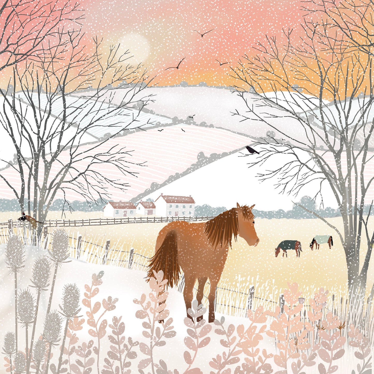 Snow Ponies Christmas card. Winter card. Can be personalised. Greetings cards handmade. Scottish winter landscape. Seasonal card.