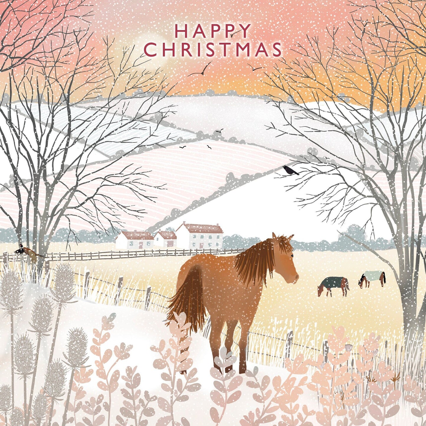 Snow Ponies Christmas card. Winter card. Can be personalised. Greetings cards handmade. Scottish winter landscape. Seasonal card.