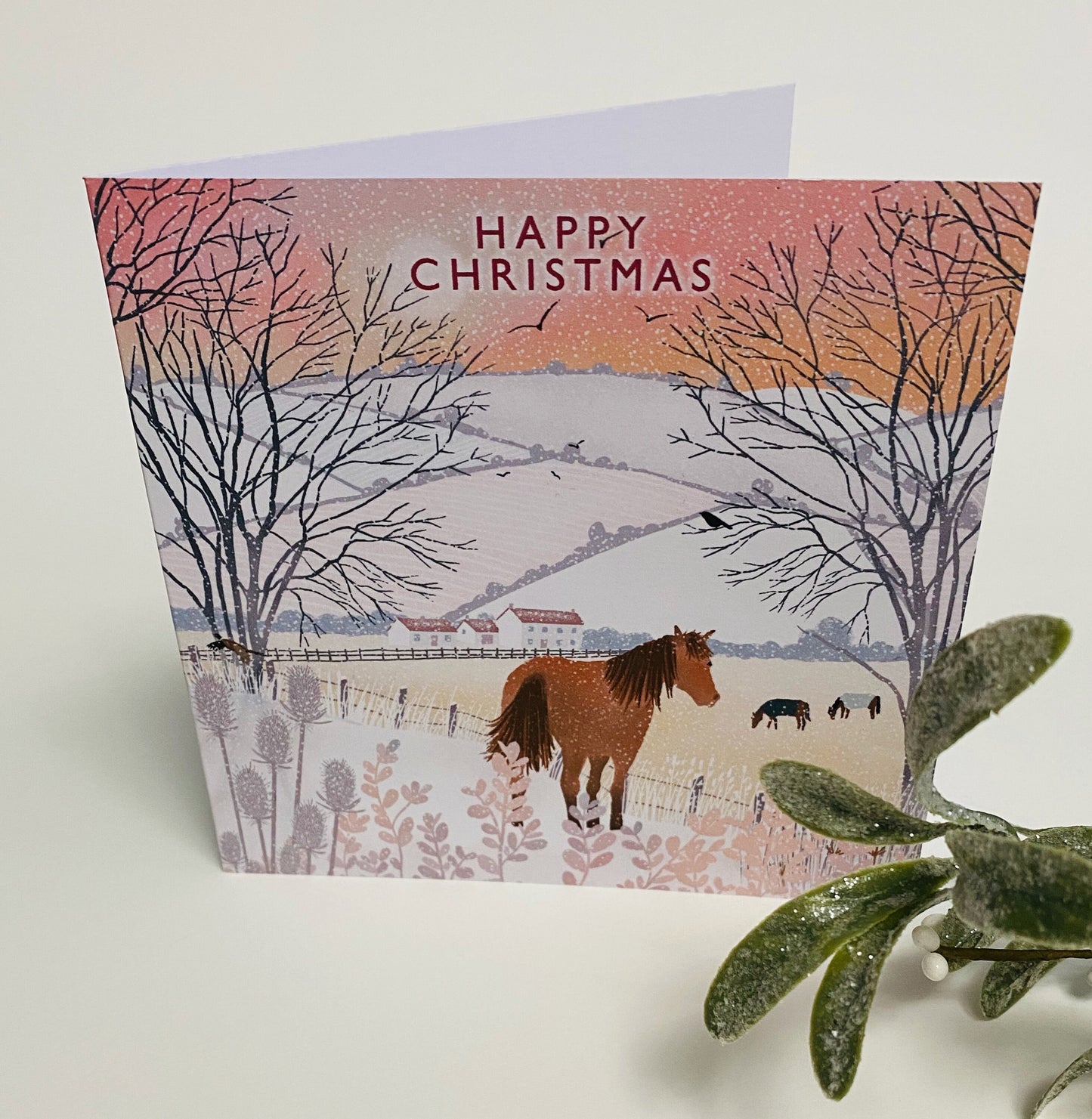 Snow Ponies Christmas card. Winter card. Can be personalised. Greetings cards handmade. Scottish winter landscape. Seasonal card.