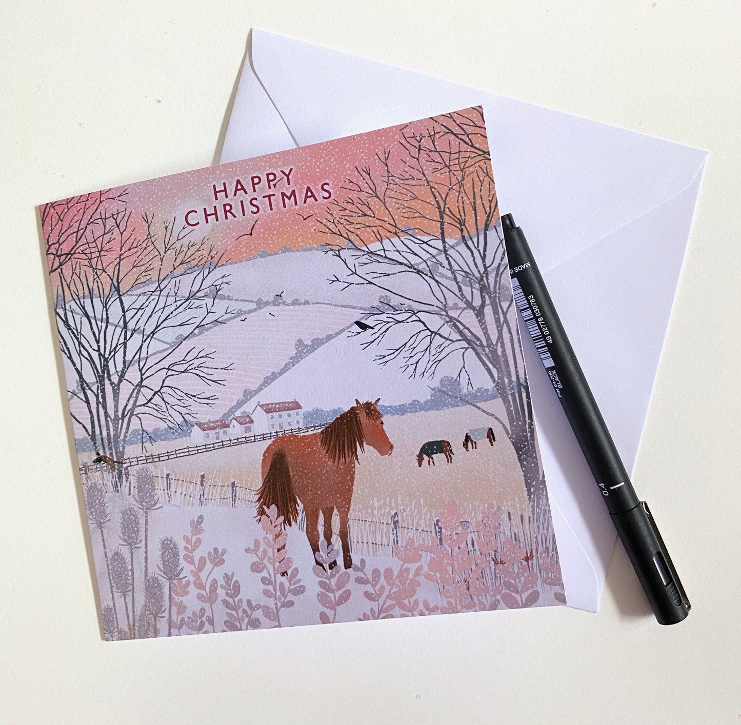 Snow Ponies Christmas card. Winter card. Can be personalised. Greetings cards handmade. Scottish winter landscape. Seasonal card.