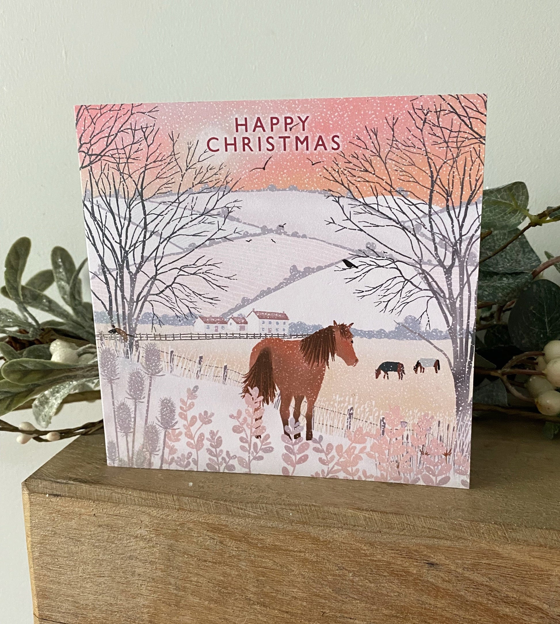 Snow Ponies Christmas card. Winter card. Can be personalised. Greetings cards handmade. Scottish winter landscape. Seasonal card.