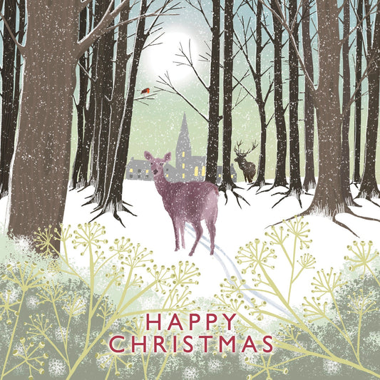 Winter Stag and Deer Christmas card. Winter card. Greetings cards handmade. Can be personalised. Scottish forest winter landscape.