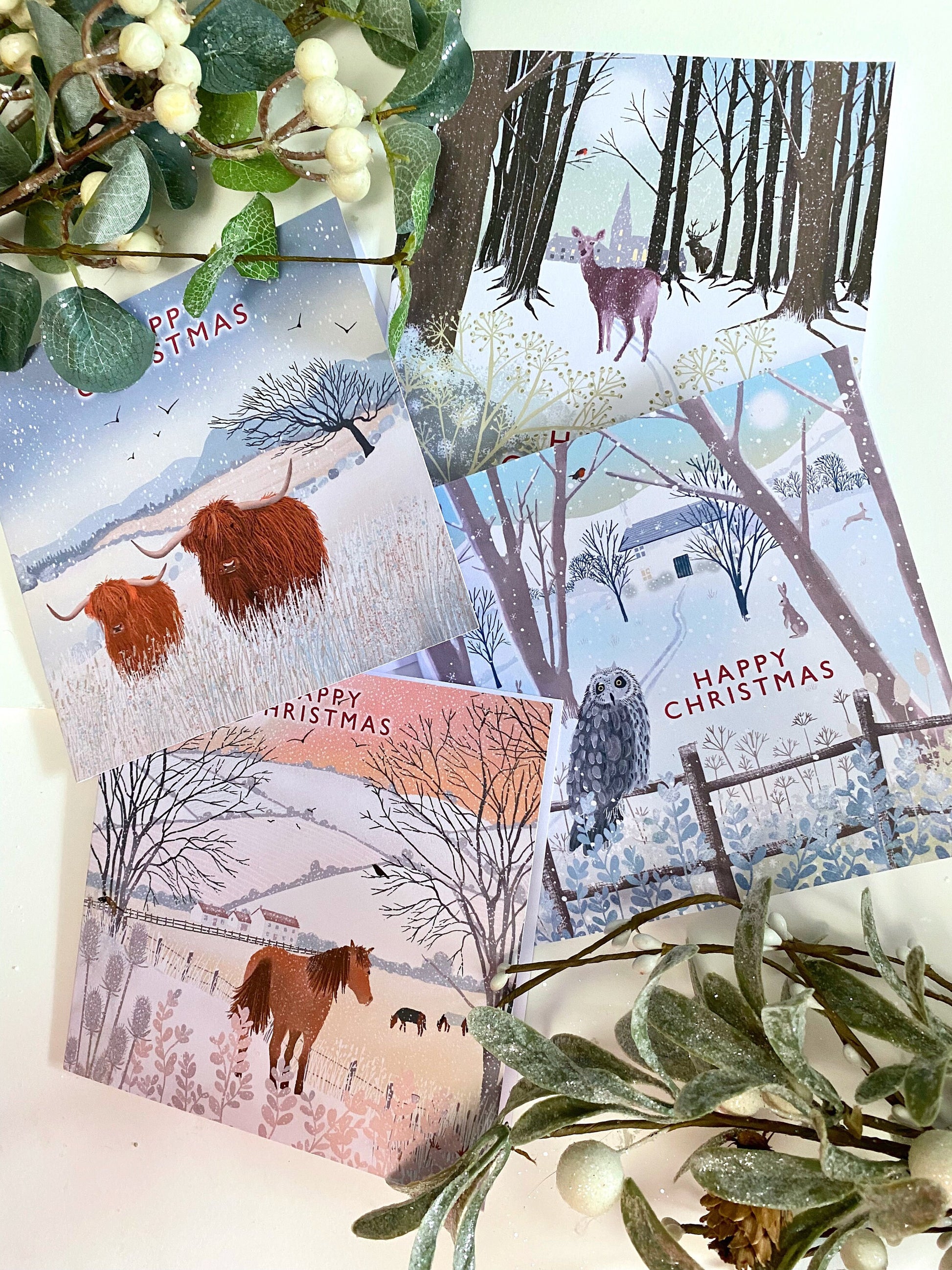 Snow Ponies Christmas card. Winter card. Can be personalised. Greetings cards handmade. Scottish winter landscape. Seasonal card.