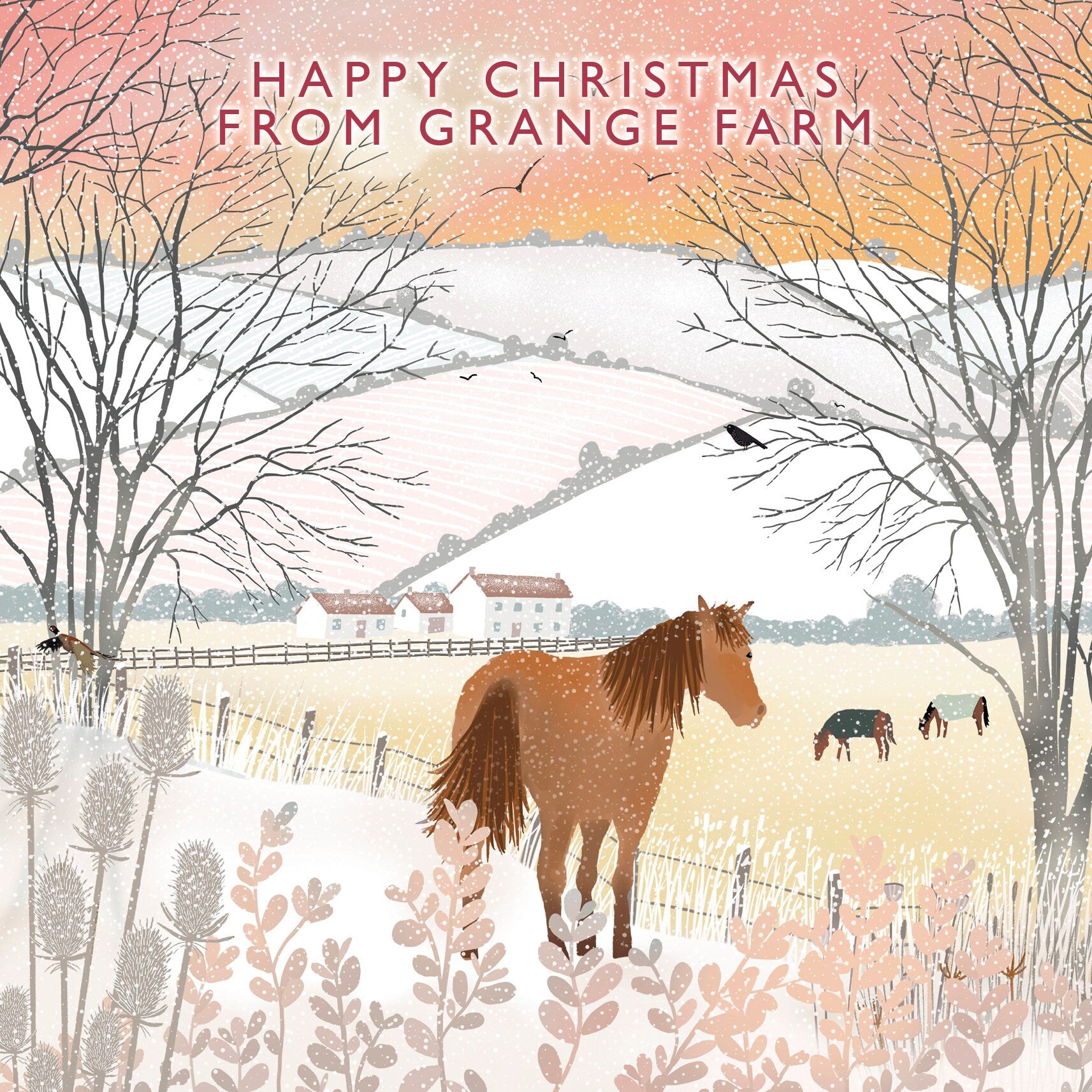 Snow Ponies Christmas card. Winter card. Can be personalised. Greetings cards handmade. Scottish winter landscape. Seasonal card.