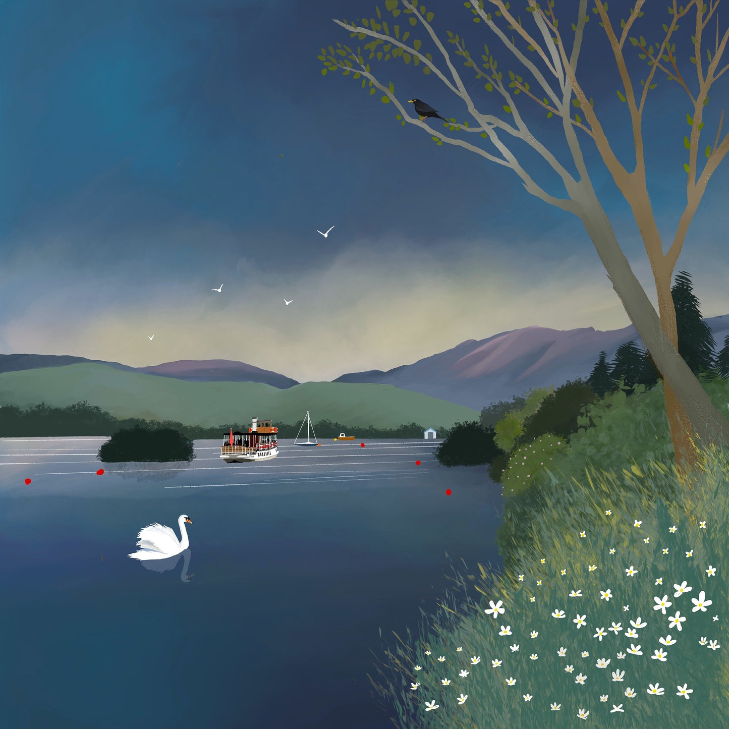 Lake Windermere, Canvas from original art by Caroline Smith. Canvas inspired by a trip up Lake Windermere from Bowness to Ambleside