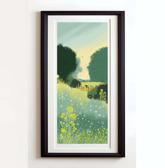 Wall Art. Field of Dreams, Summer Country Landscape, Belted Galloways. Giclee Print from original artwork. Signed by artist - Caroline Smith