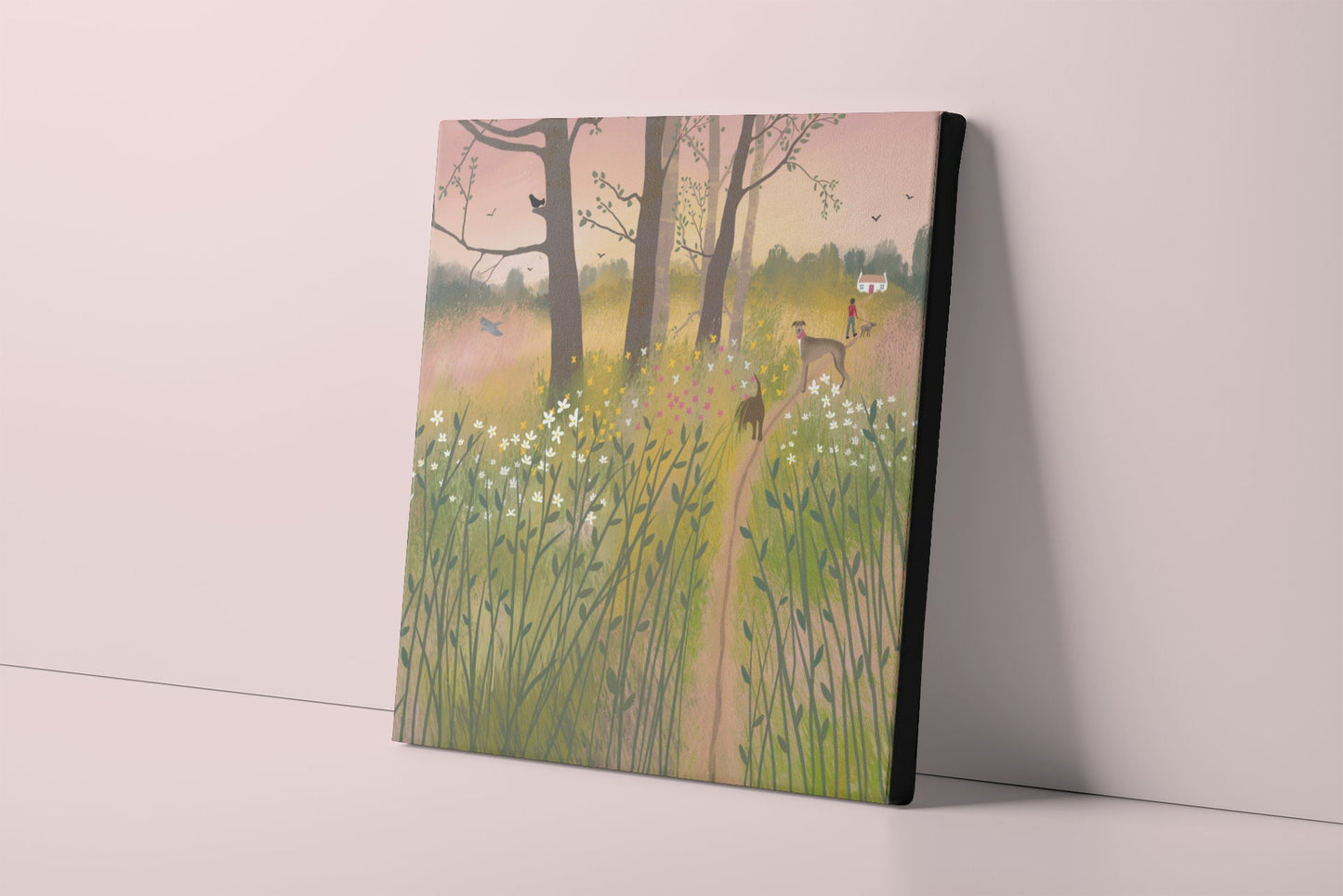 Morning Glow, canvas wall art featuring an early morning summer walk with the dogs. Original art by Caroline Smith. Perfect for dog lovers.