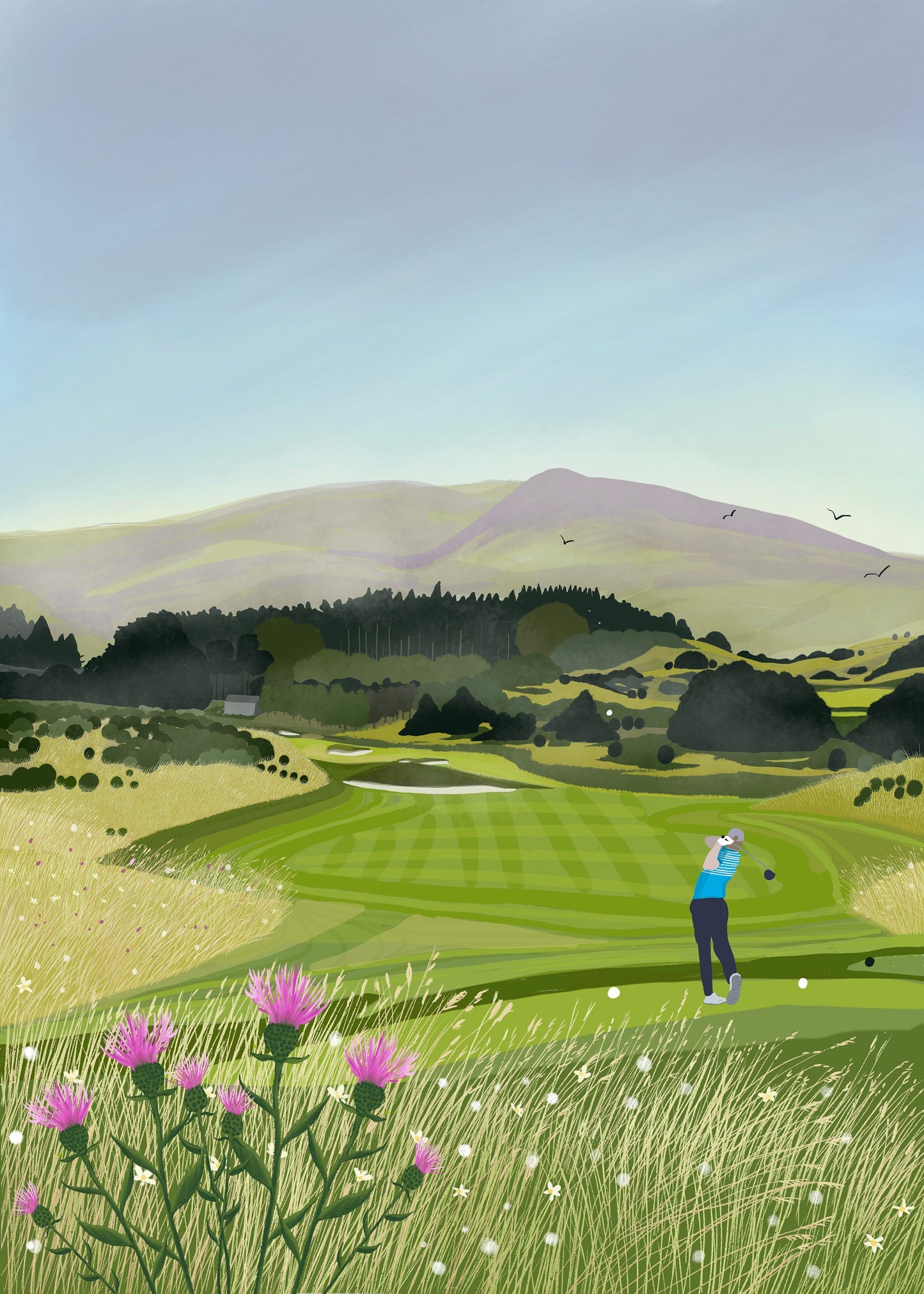 Gleneagles, PGA Centenary Course, Scotland, Golf Travel Poster, Railway Poster Style, Giclee print signed by artist, made in Scotland