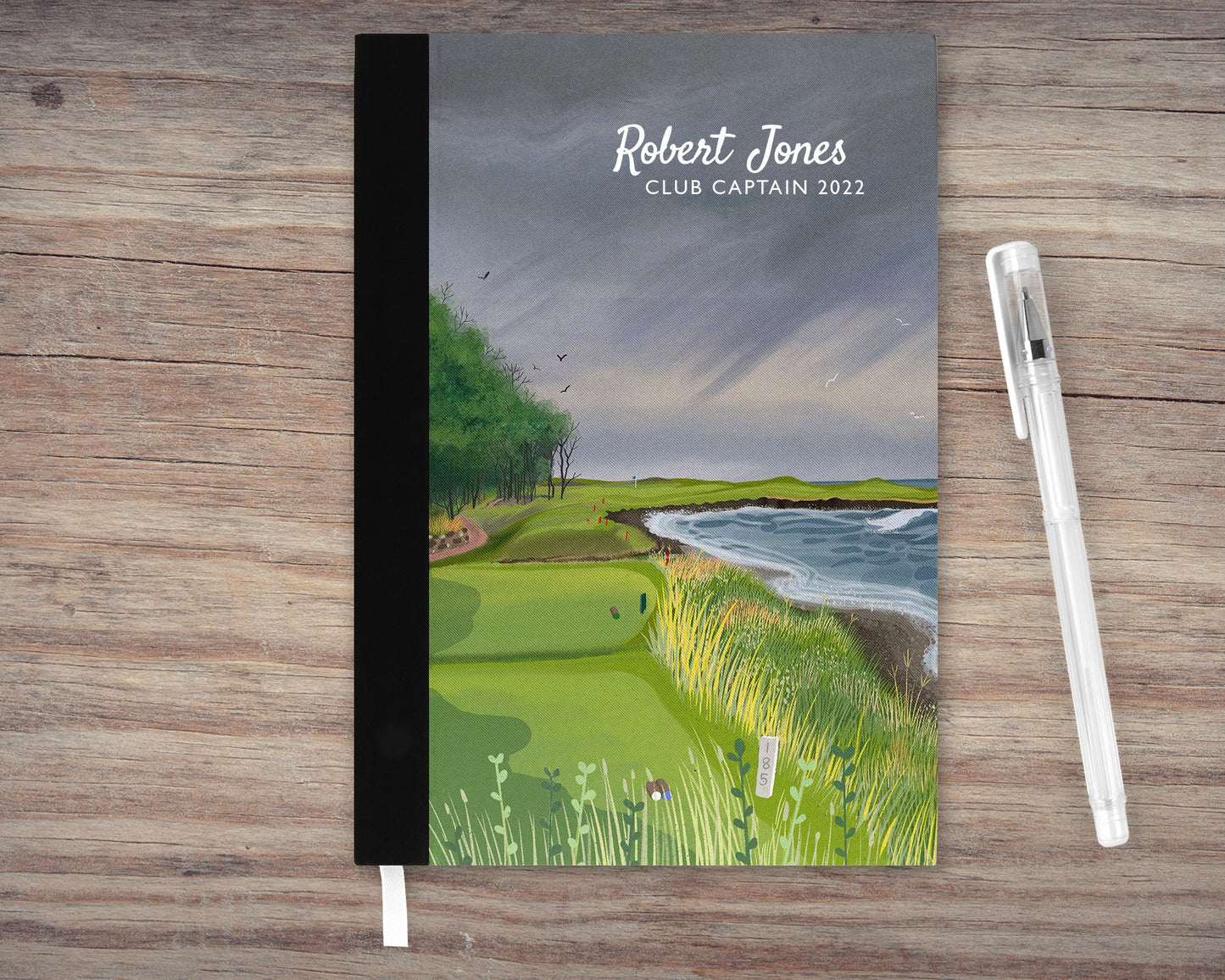 Personalised golfers notebook - A5. Hard cover linen effect featuring a painting of Kingsbarns Golf Links. Gift for Golfer. Golf prizes.