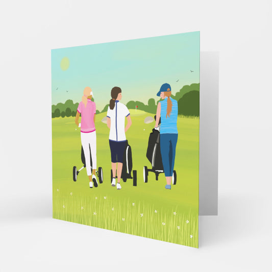 Golf greetings card - A Walk with the Girls . Can be personalised. From original art by Caroline Smith.
