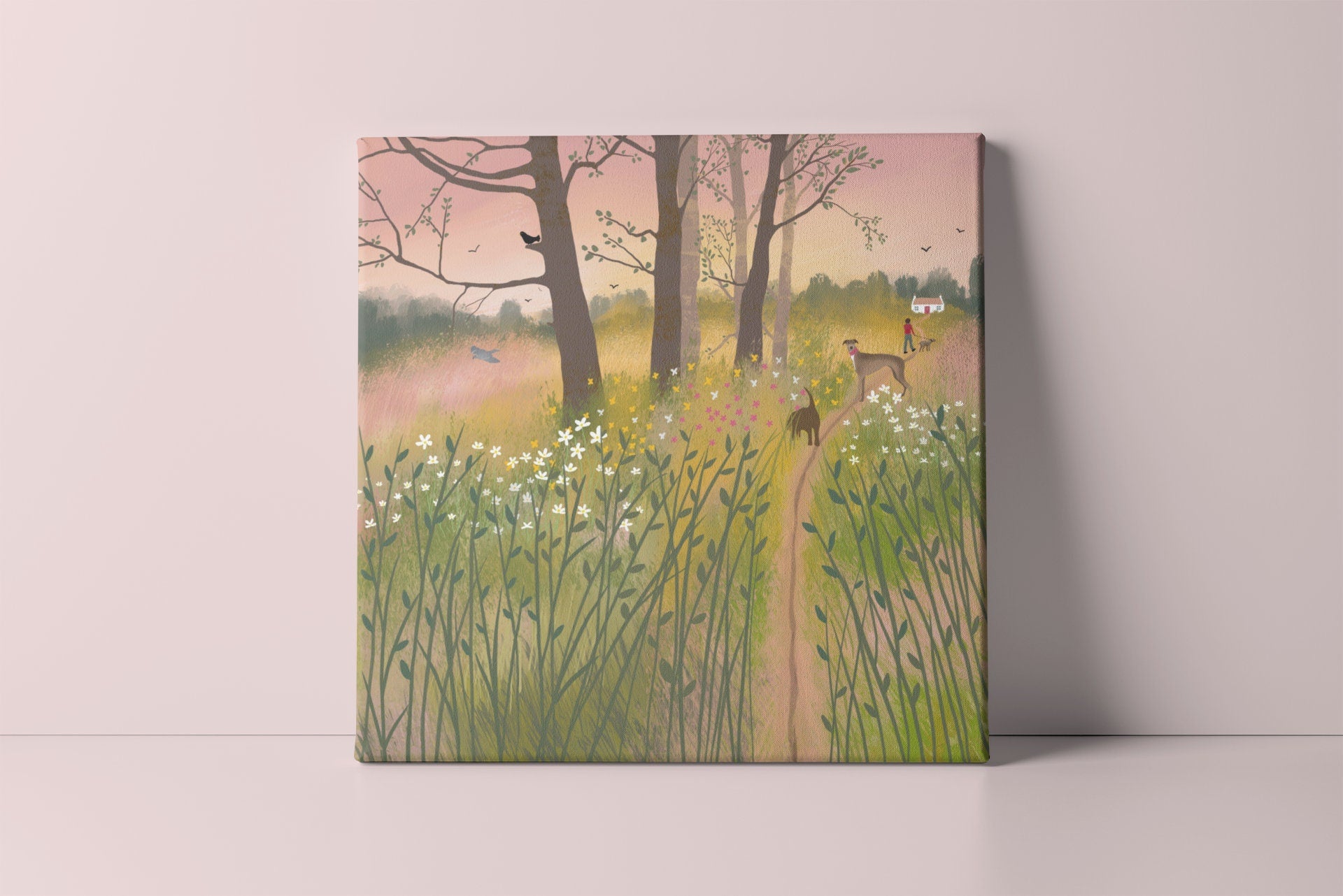 Morning Glow, canvas wall art featuring an early morning summer walk with the dogs. Original art by Caroline Smith. Perfect for dog lovers.